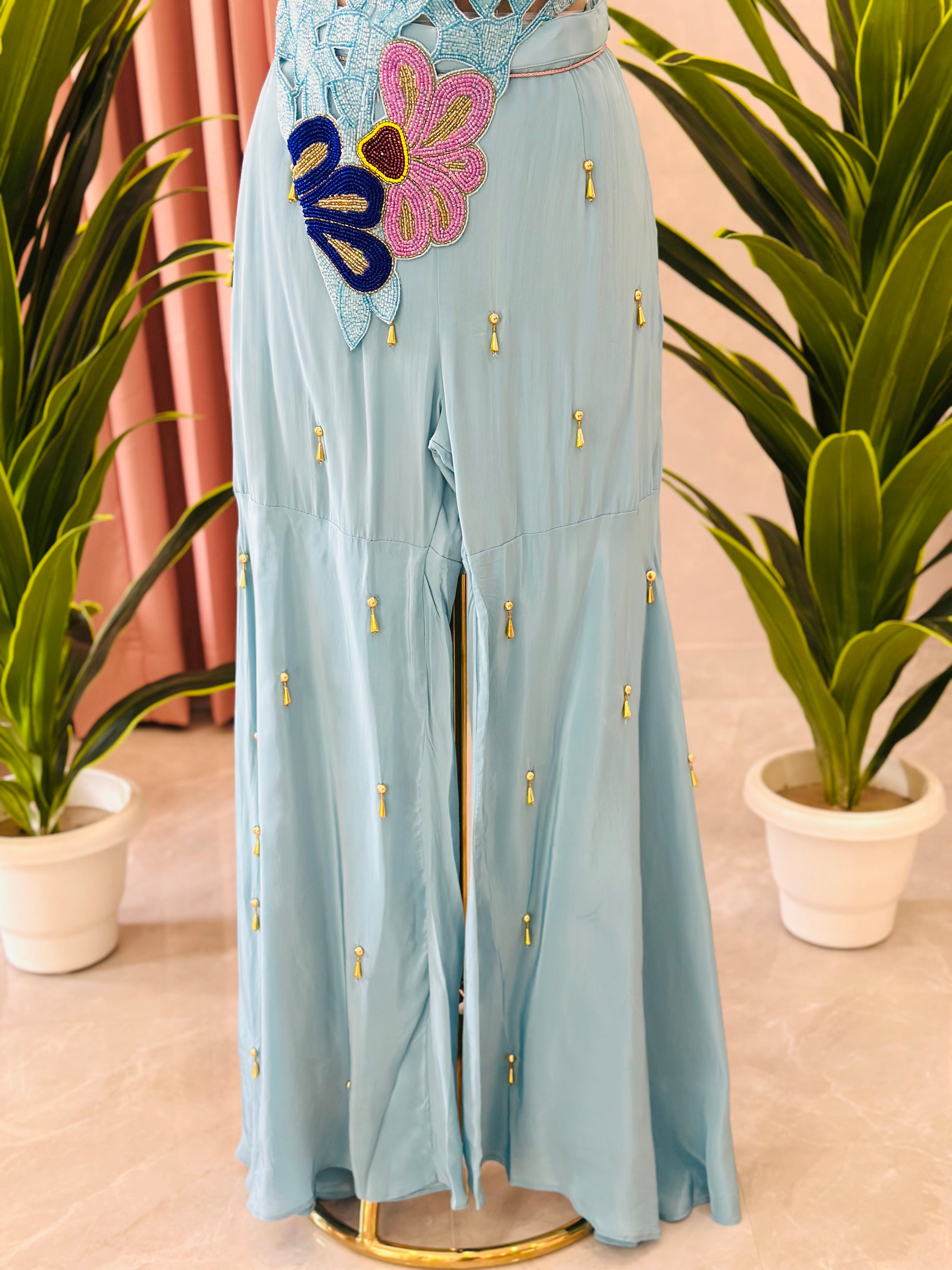 Designer Floral Work Top with Flared Palazzo Set