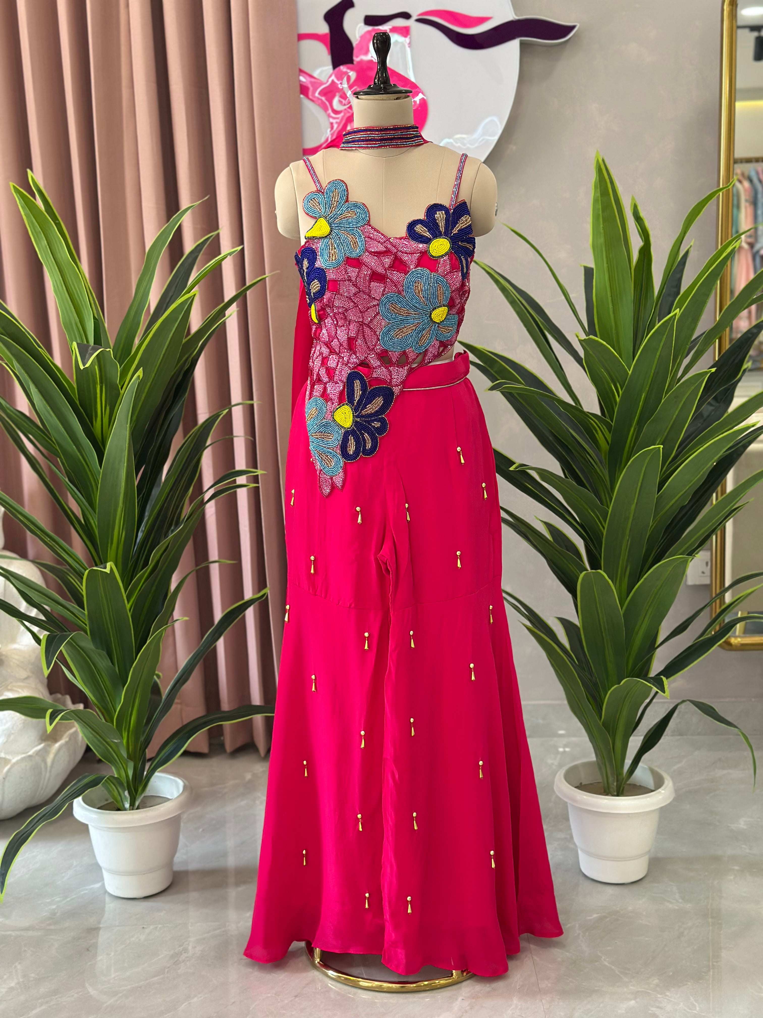 Designer Floral Work Top with Flared Palazzo Set