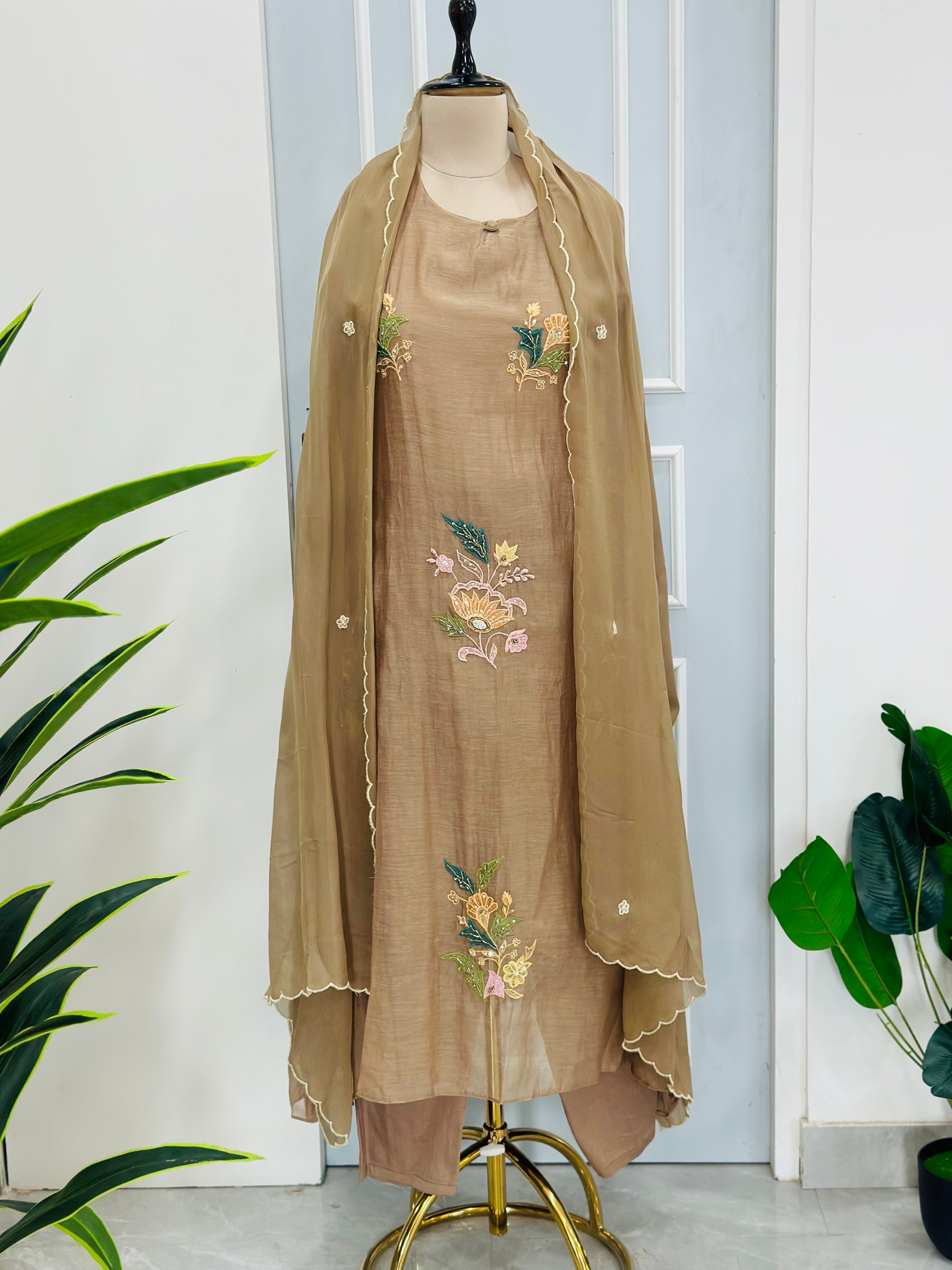 Pure Mal chanderi Hand Embroidery Suit Set