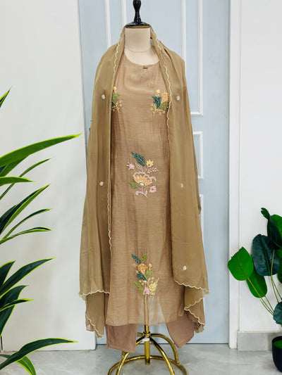 Pure Mal chanderi Hand Embroidery Suit Set