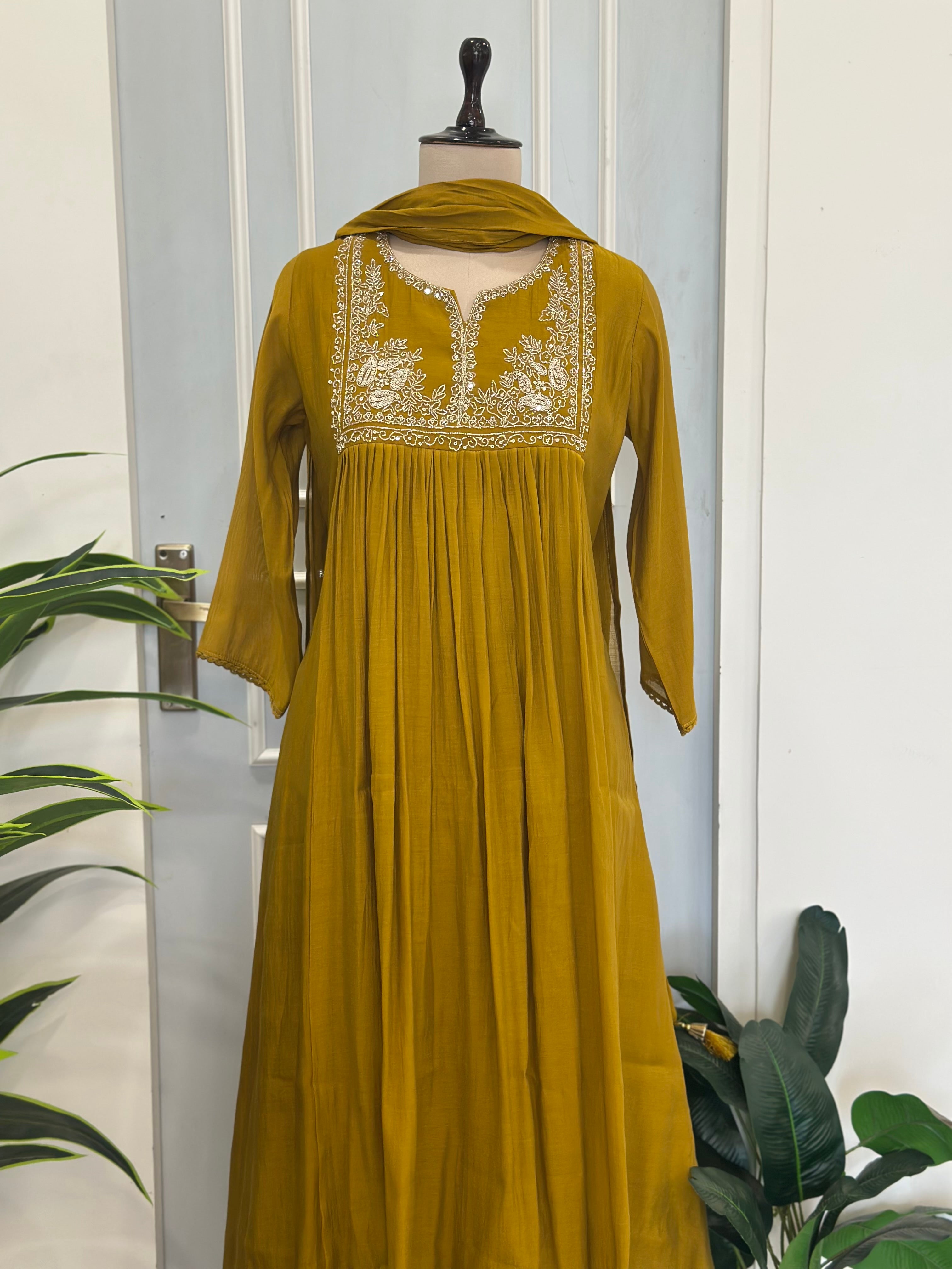 Beautiful Anarkali In Pure Mal Chanderi With Handwork