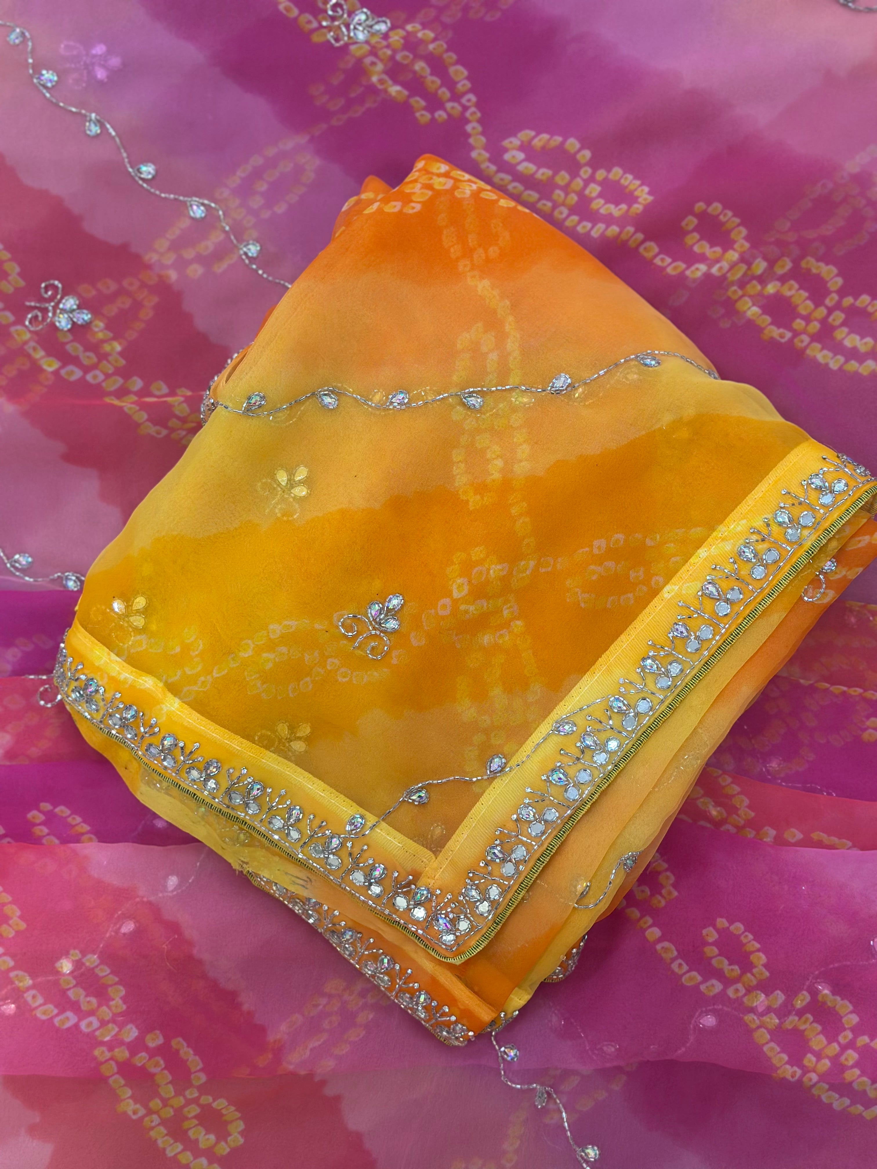 Rangriti Bandhani Georgette Saree with Stone Work Border