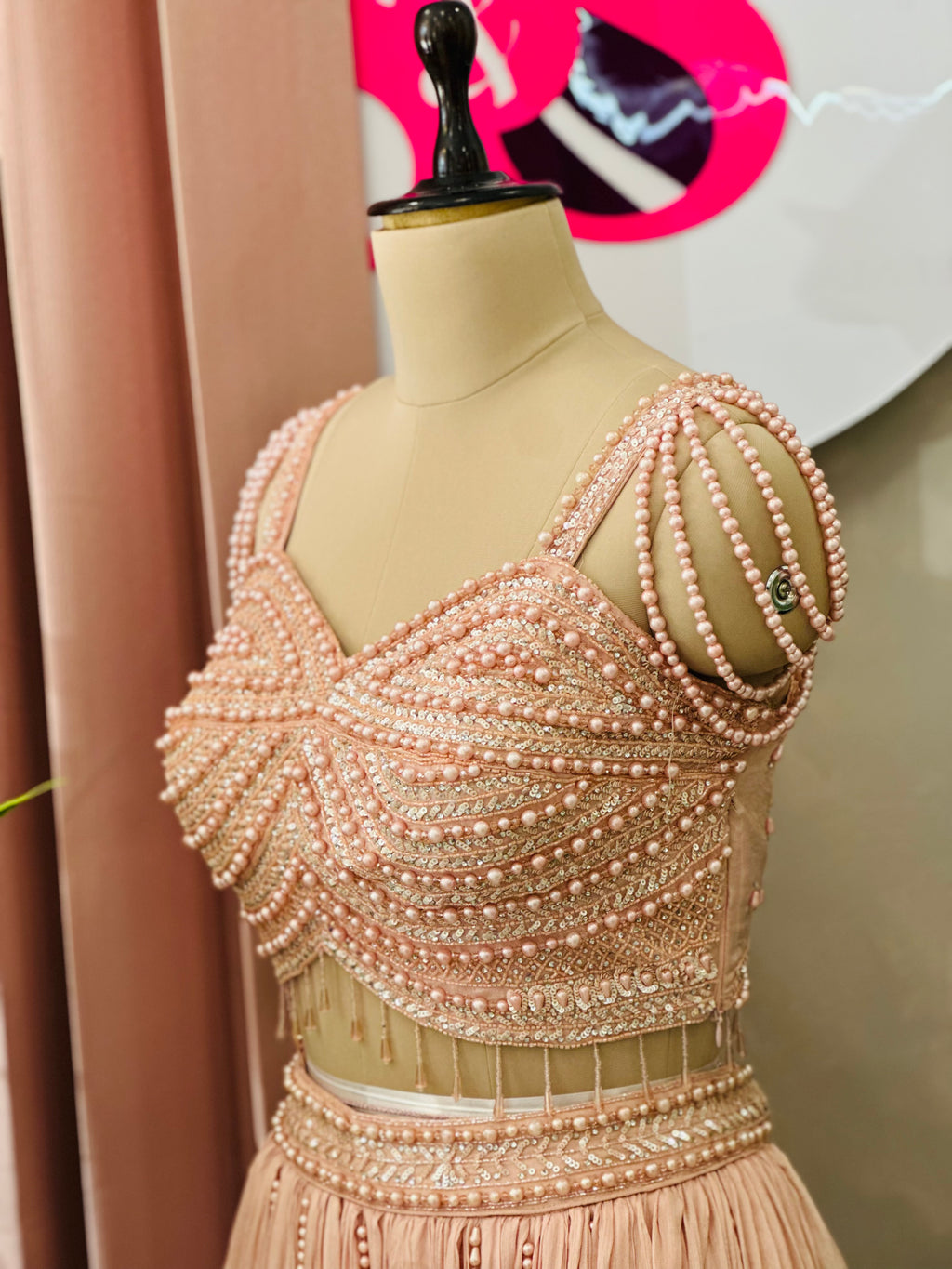 Soft Peach Designer Lehenga with Pearl Handwork