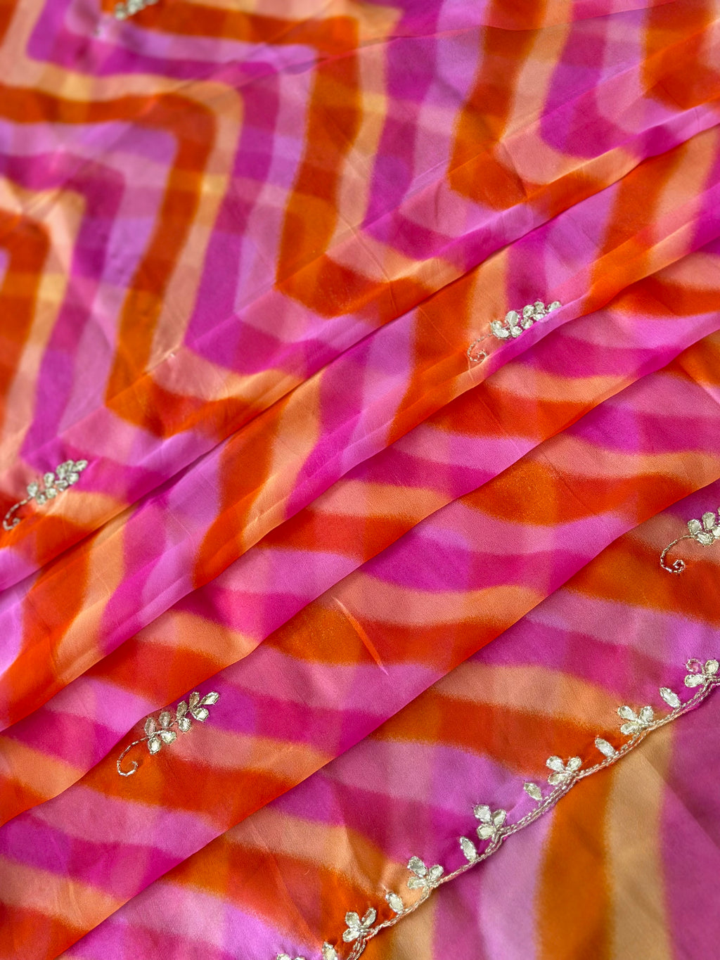 Sunset Pink Leheriya Saree with Handwork