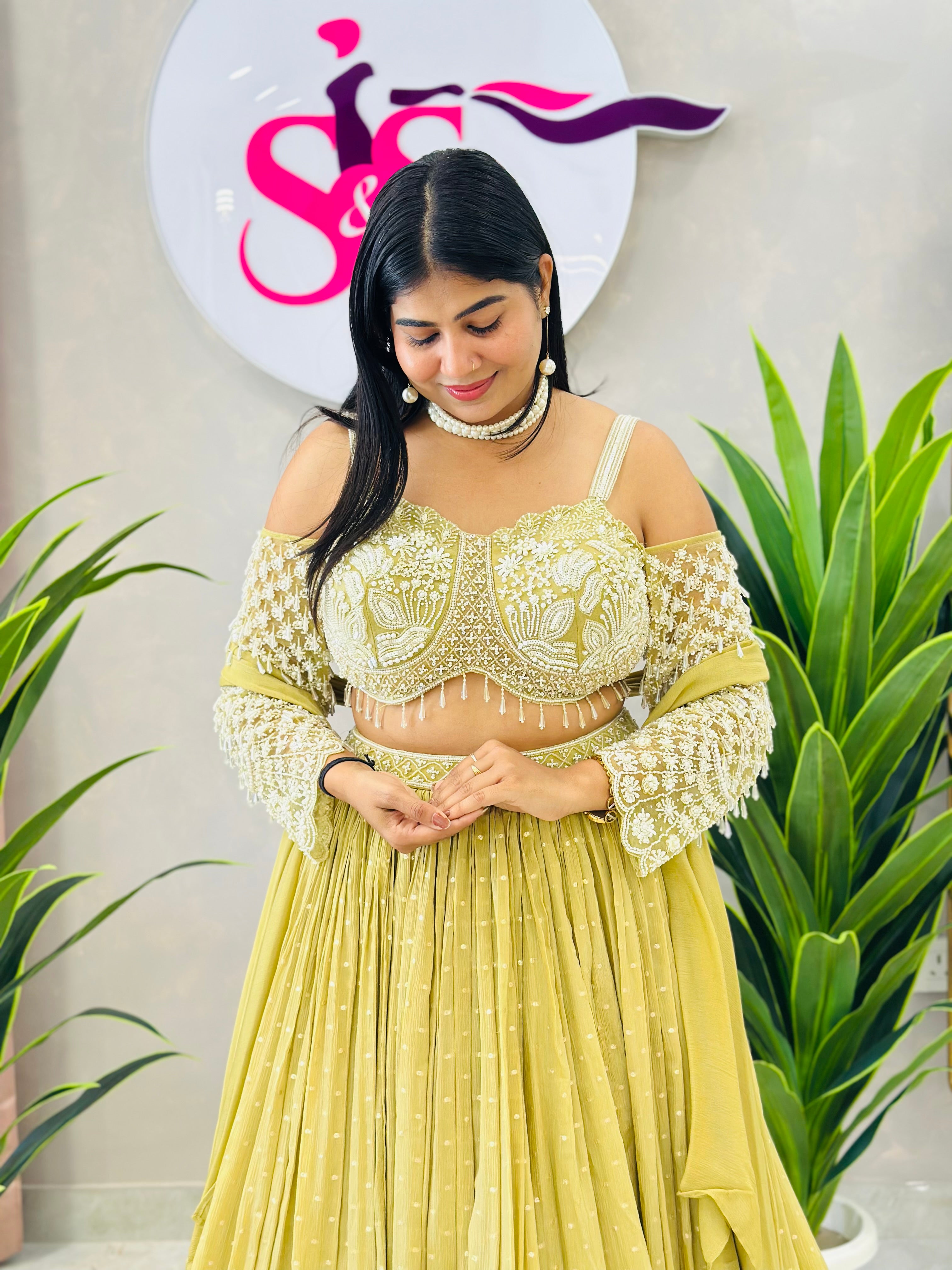 Elegant Off-Shoulder Handwork Lehenga Set