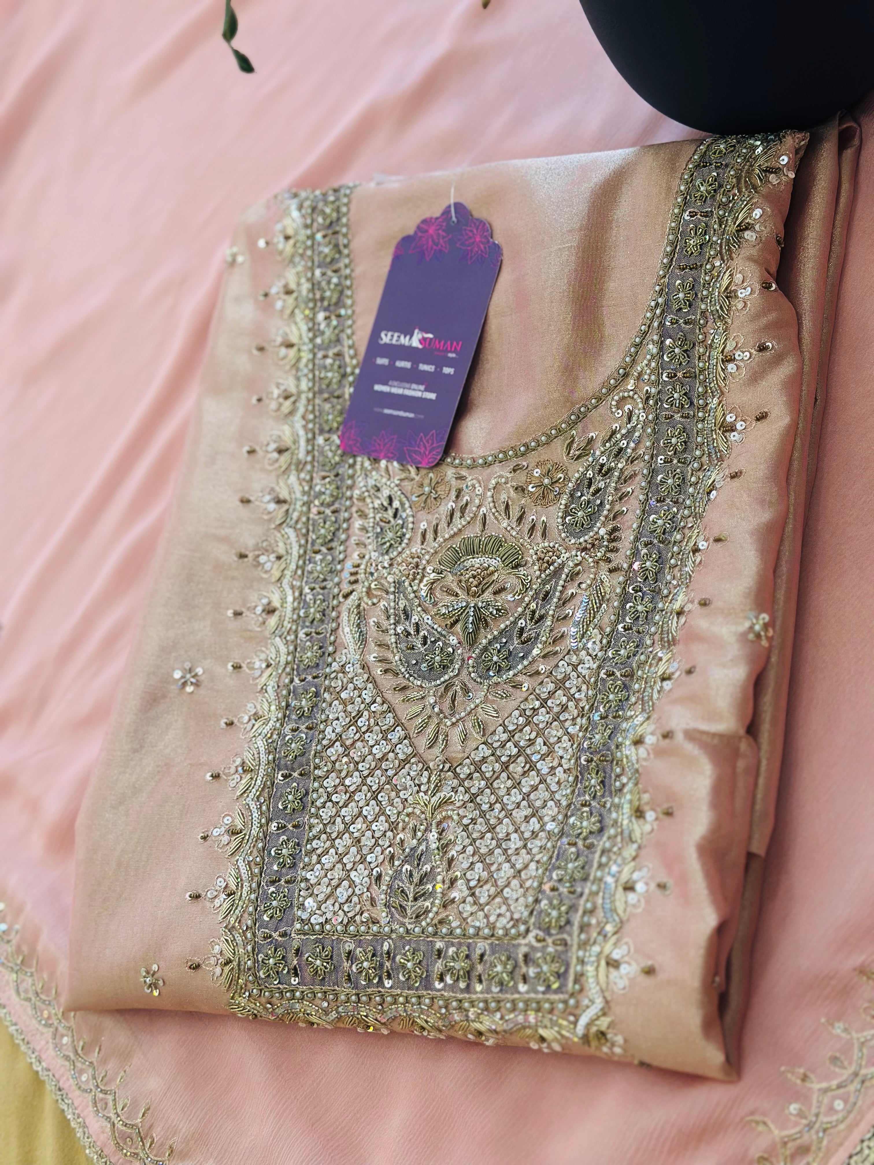 Premium Pure Zari Tissue Suit – Detailed with Handwork