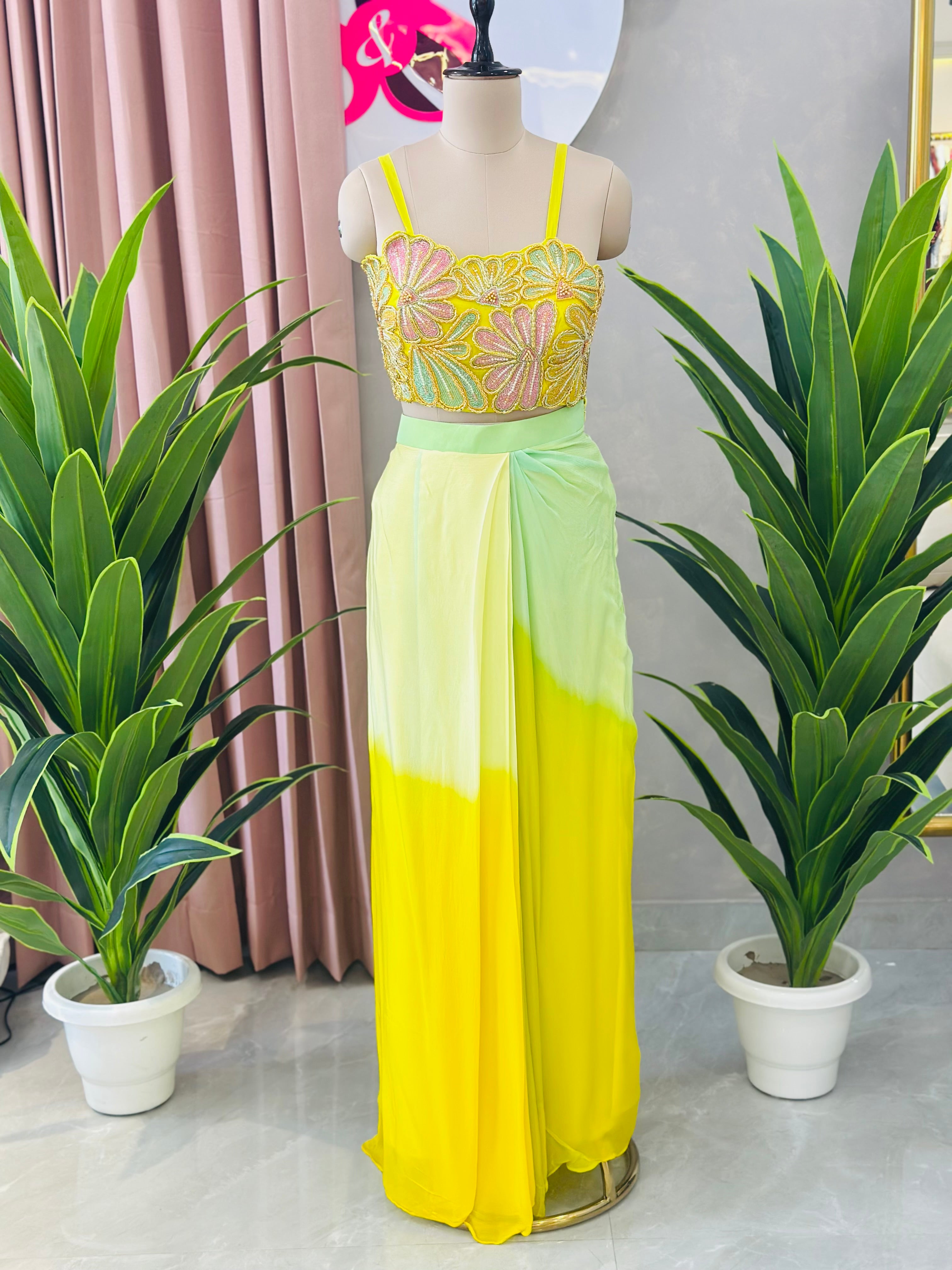 Pastel Floral Handwork Lehenga with Flowing Cape