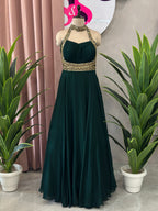 Premium Flowy Halter Neck Gown With Embellished Waist Detail