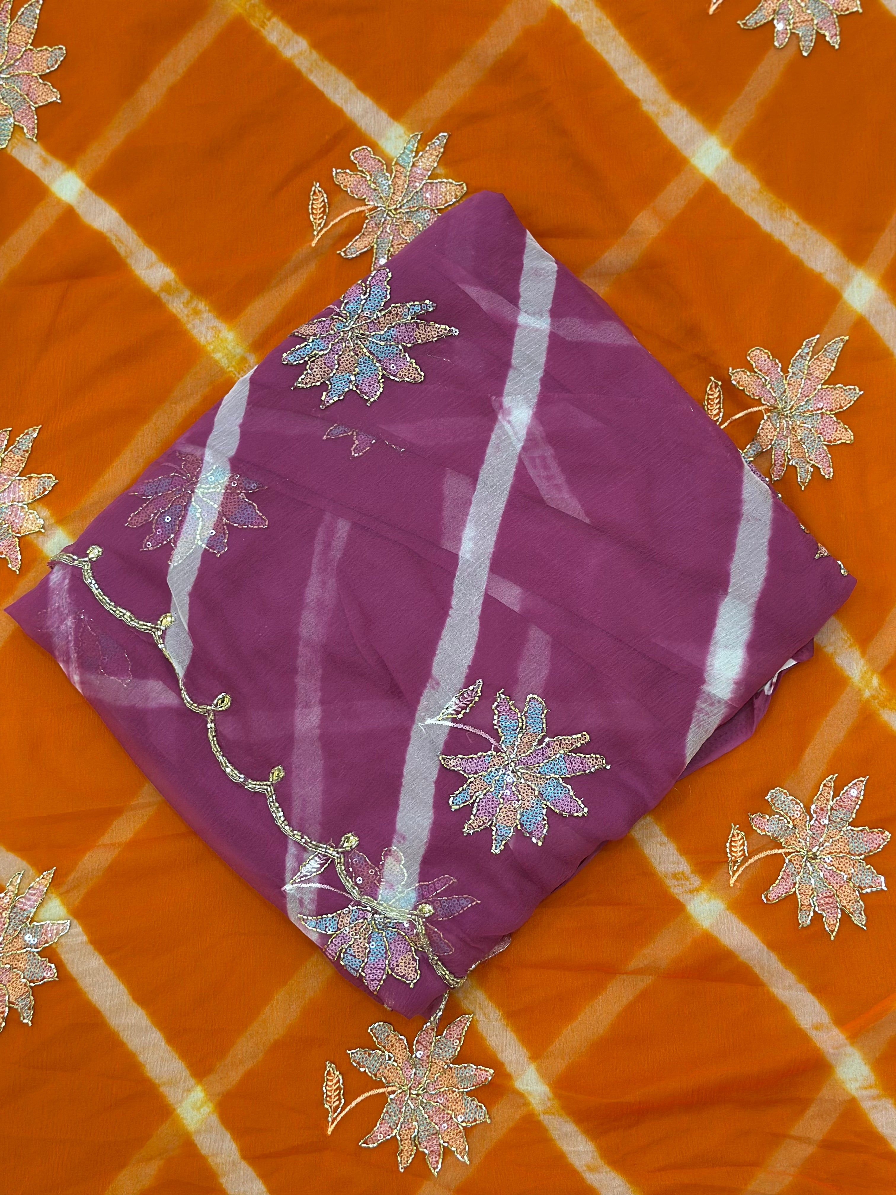 Traditional Leheriya Saree with Floral Handwork Detailing