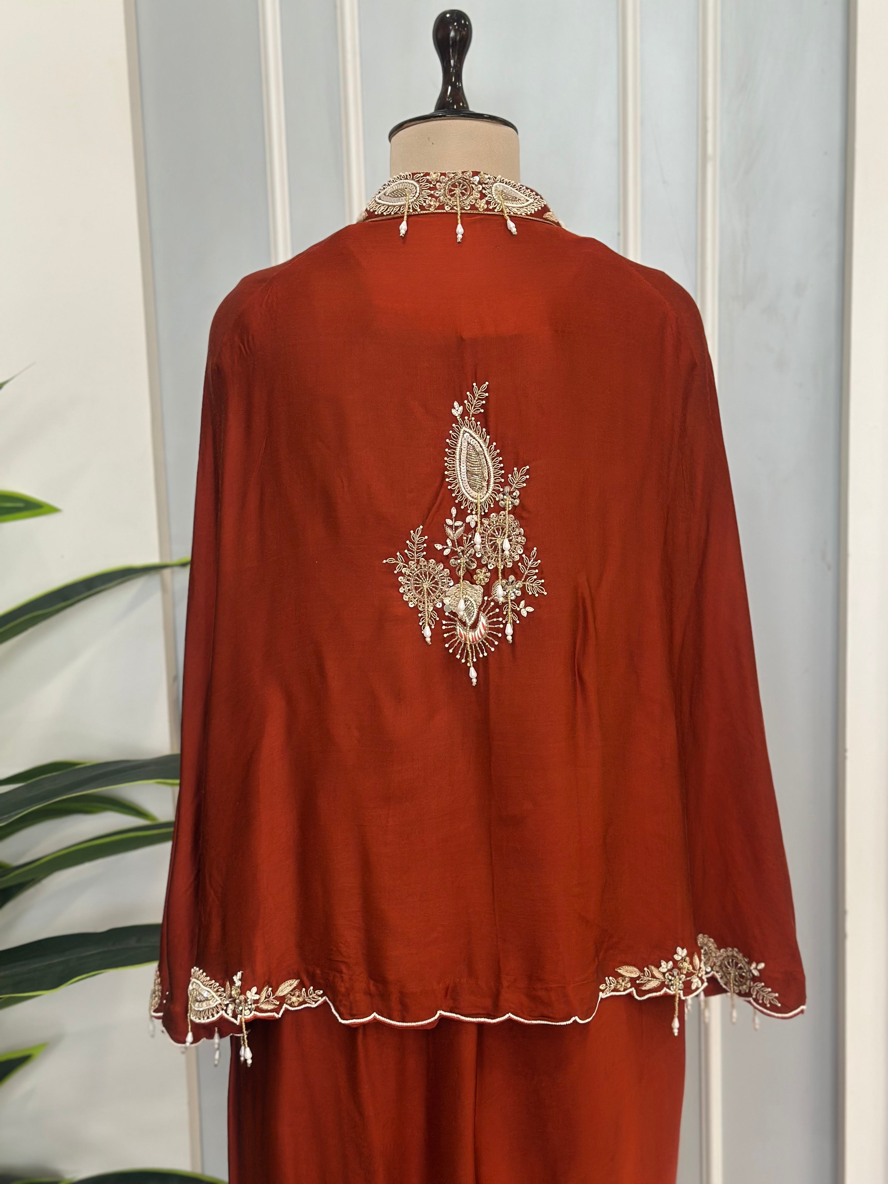 Rust Royale Handwork Cape & Drape Skirt Set