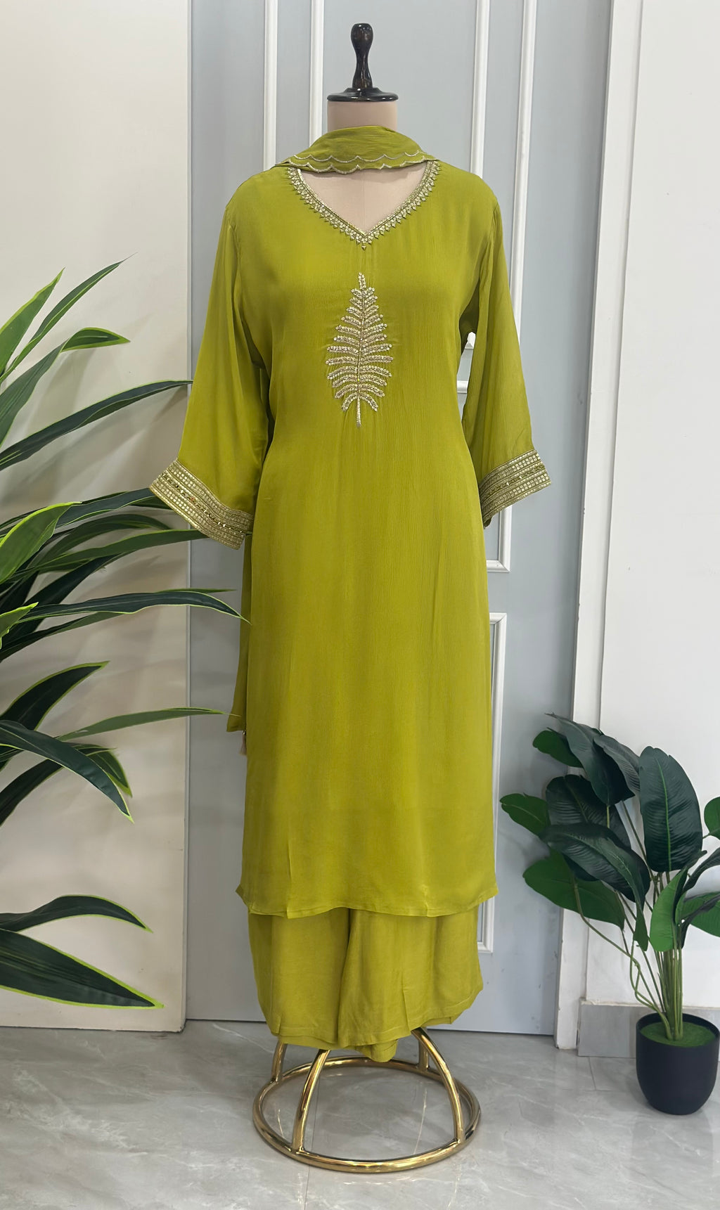 Olive Green Handwork Kurta Palazzo Set with Dupatta ✨