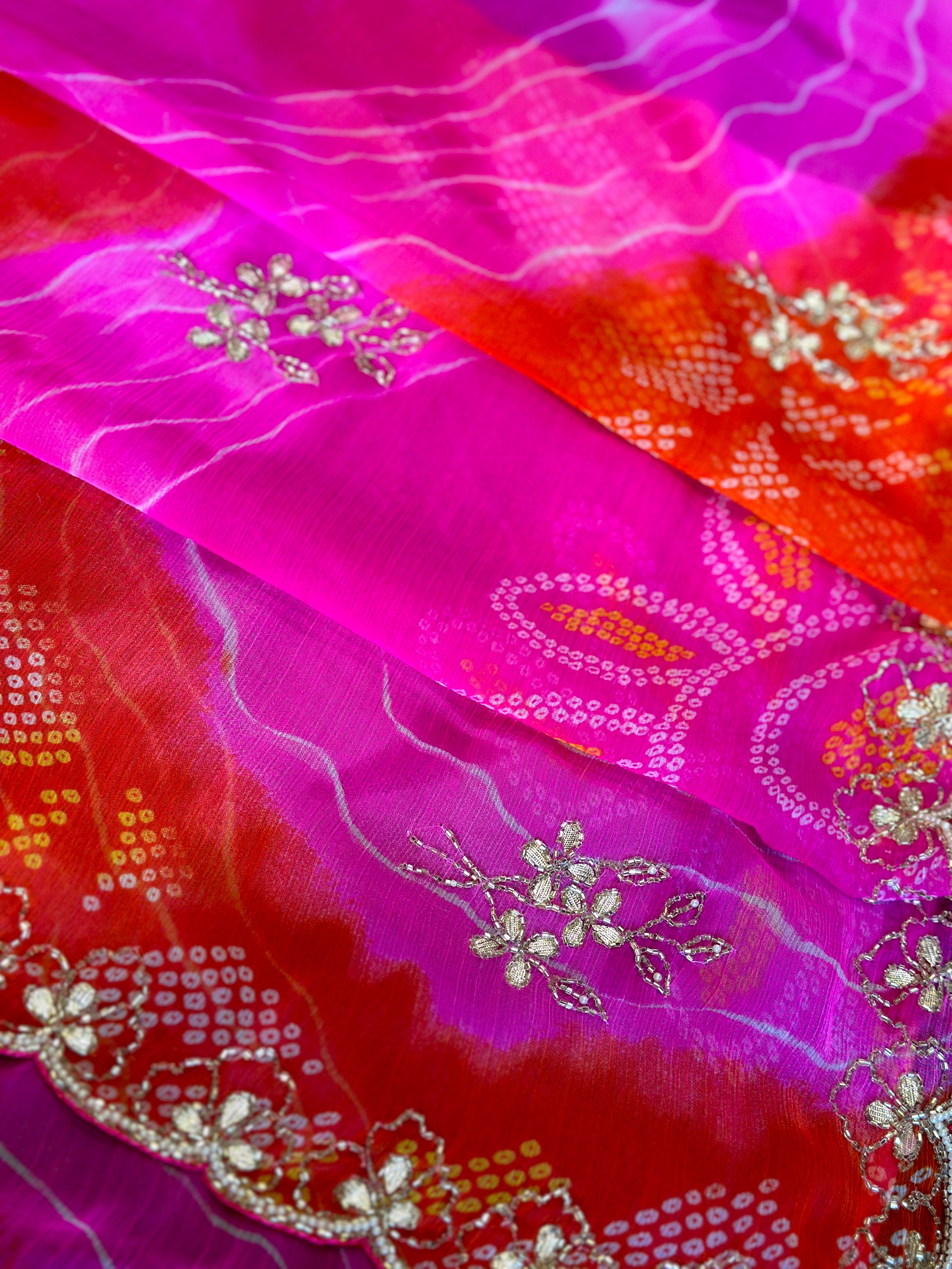 💐 Chiffon Bhandej Handwork Saree💐