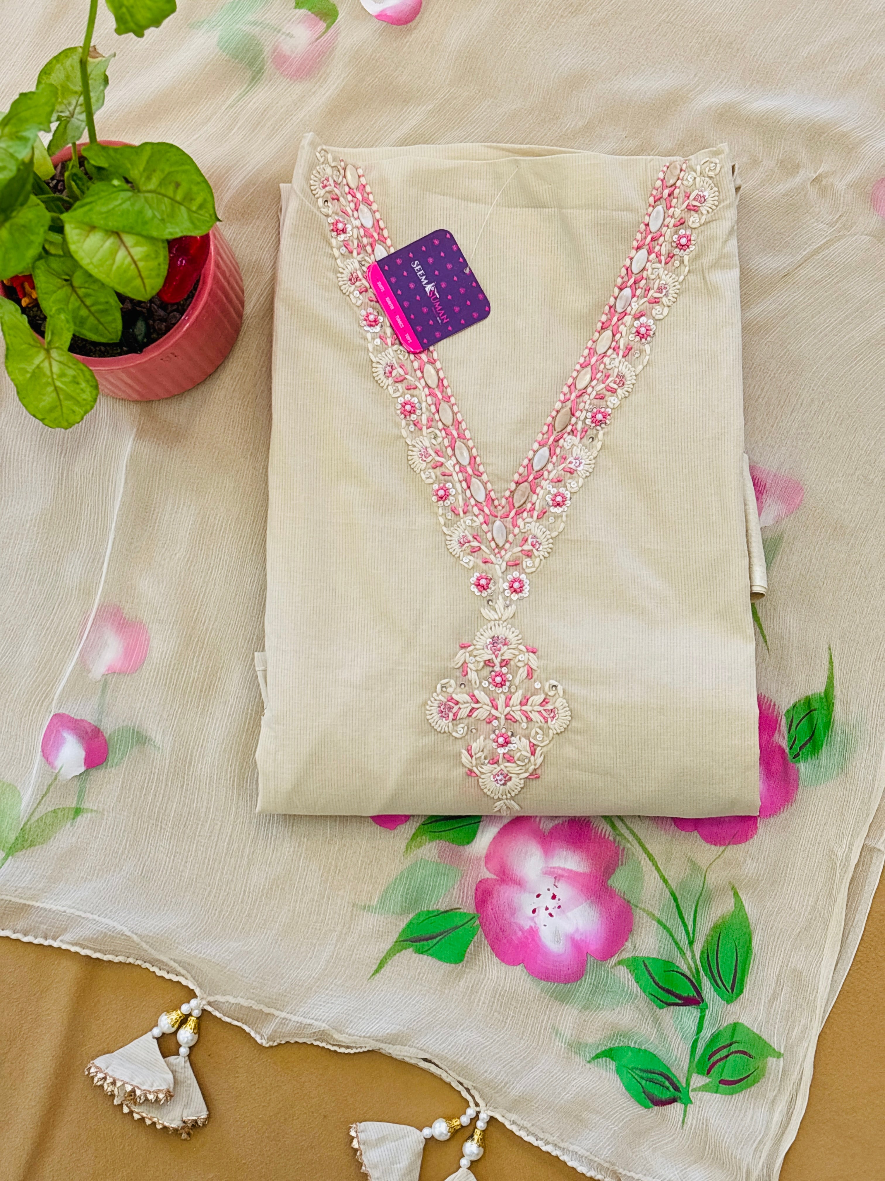 Floral Hand embroidery Unstitched Suit Set With Hand Painted Dupatta