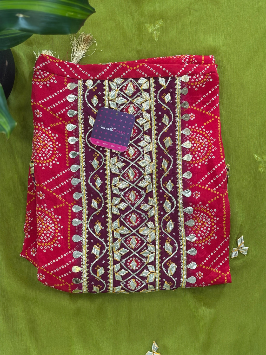 Festive Bandhani Gota Work Unstitched Suit Set