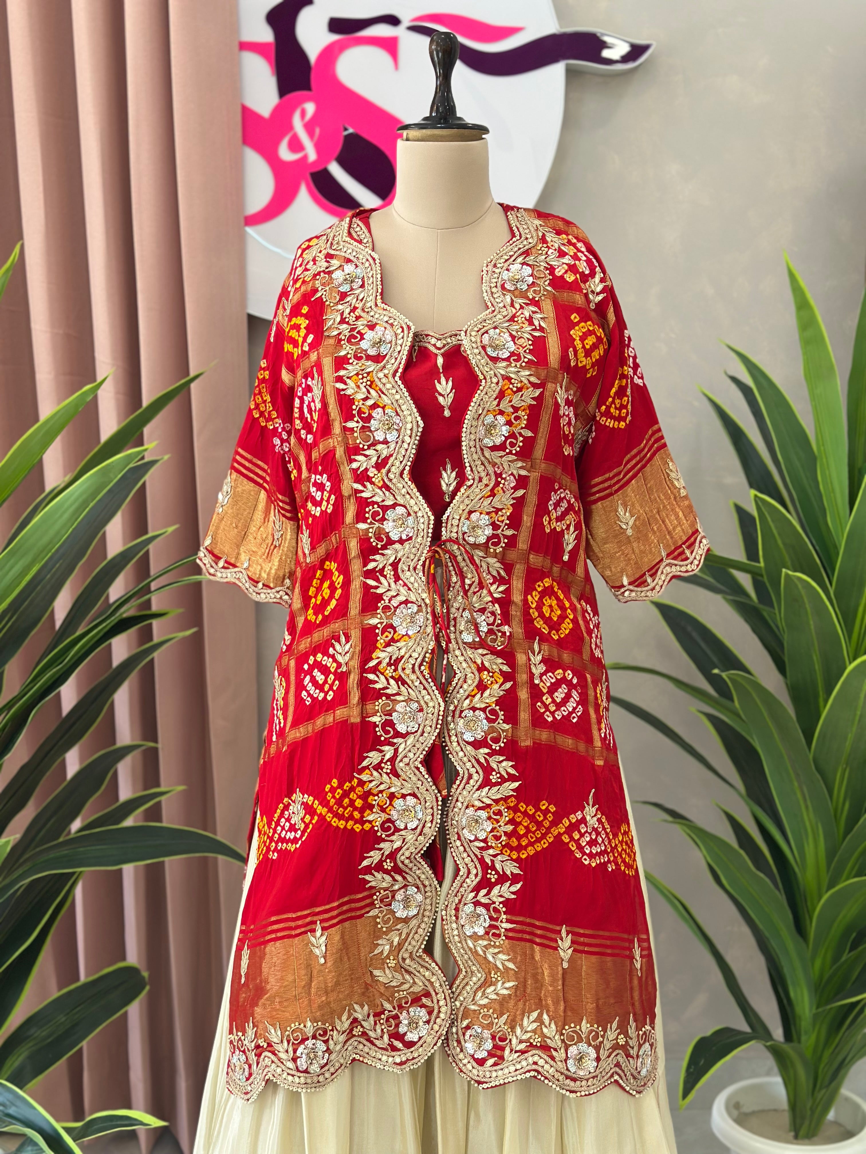Royal Red Handwork Jacket Lehenga Set