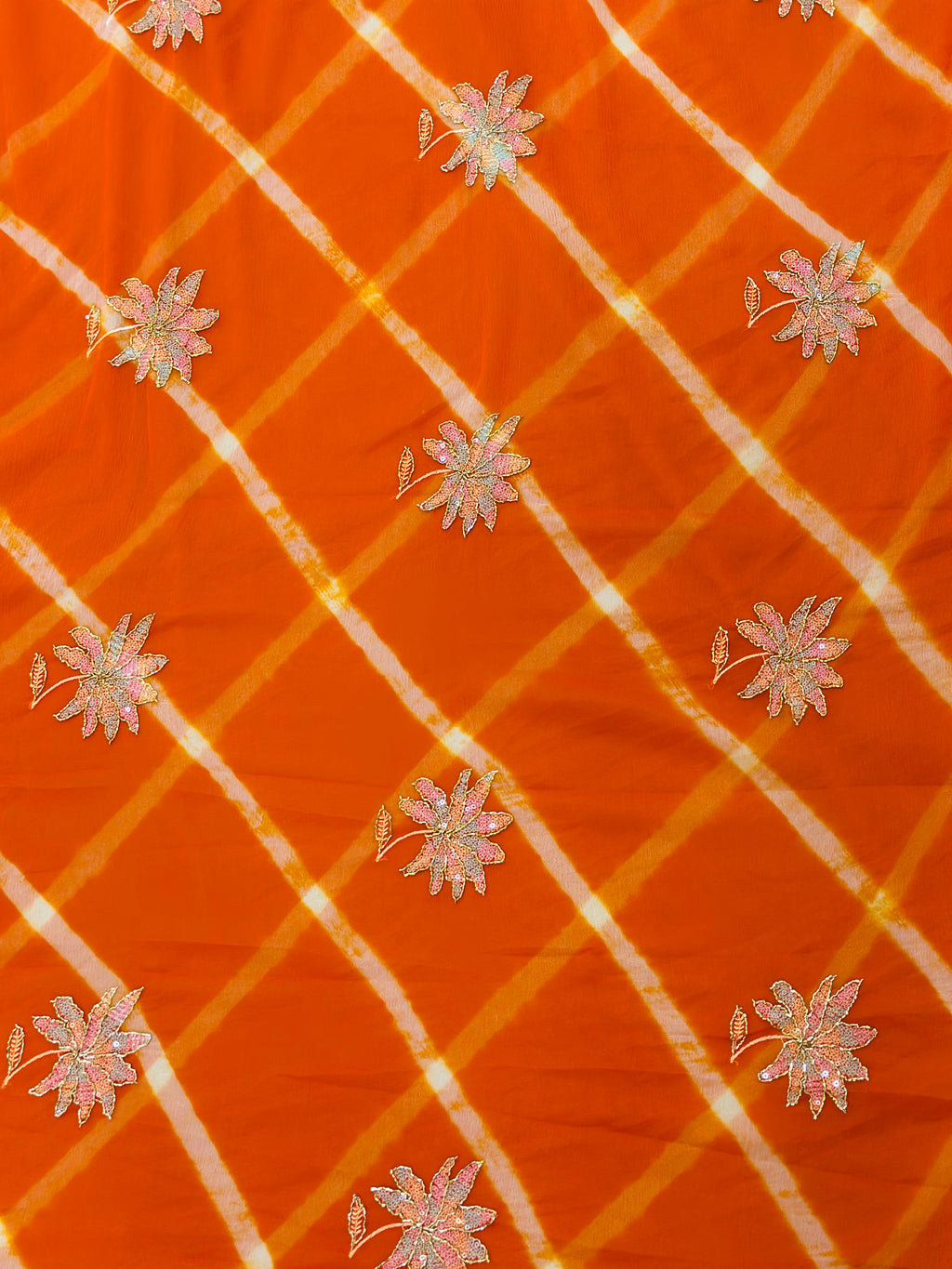Traditional Leheriya Saree with Floral Handwork Detailing