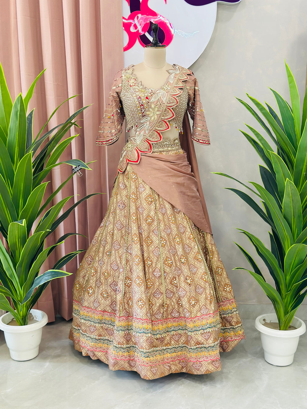 Elegant Peach Gold Designer Lehenga with Handwork Blouse