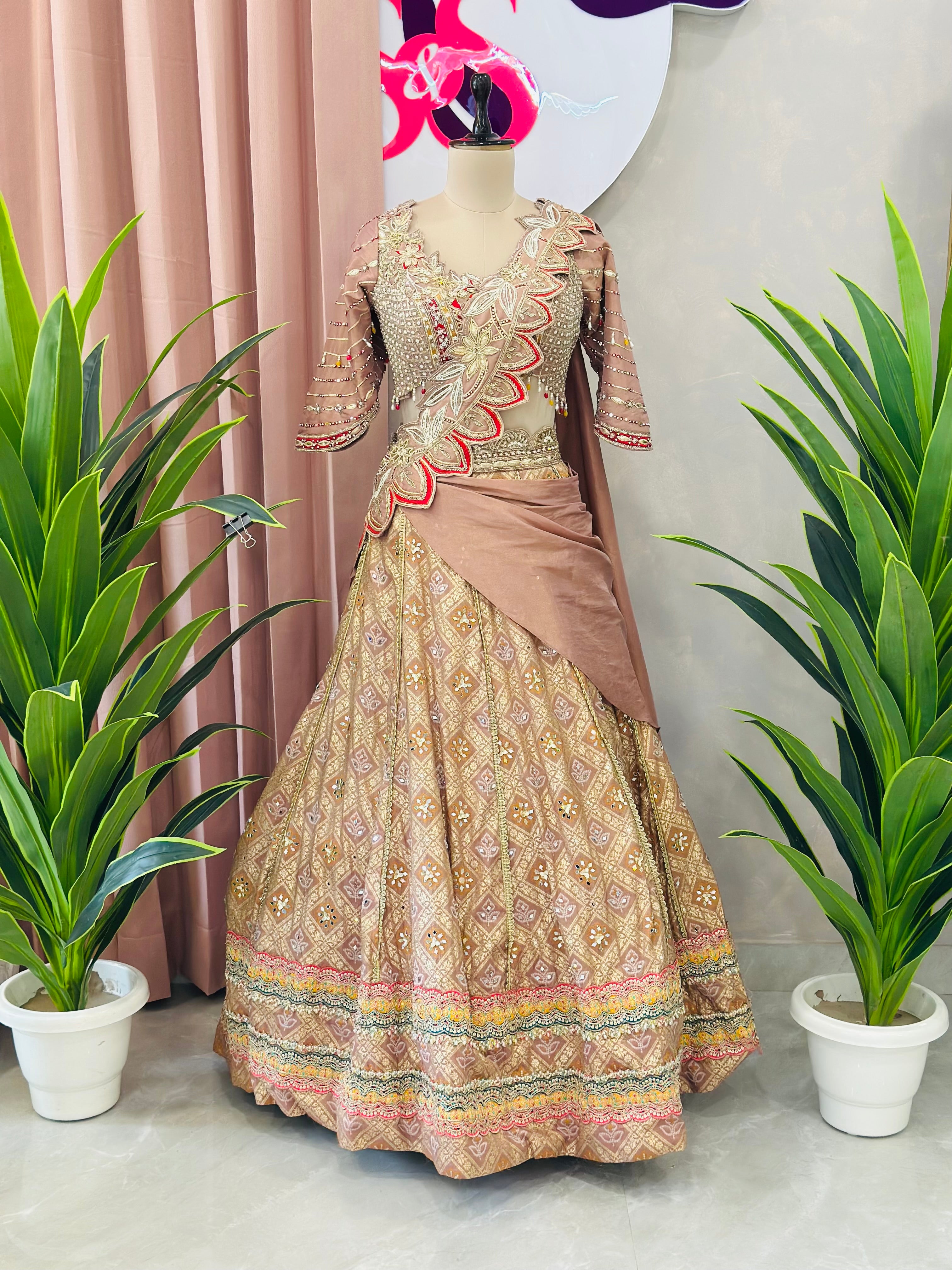 Elegant Peach Gold Designer Lehenga with Handwork Blouse