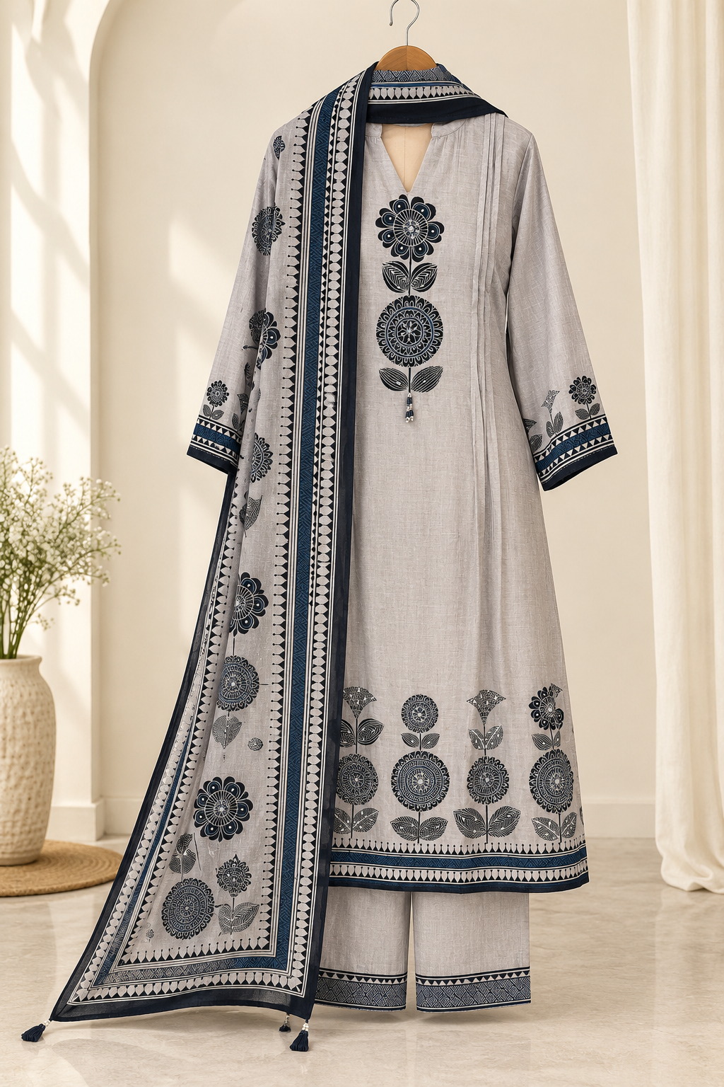 Elegant Floral Aline Kurta Palazzo Set with Dupatta
