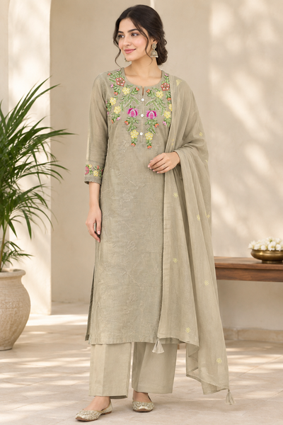 Floral Thread Work Kurta Pant Set With Dupatta