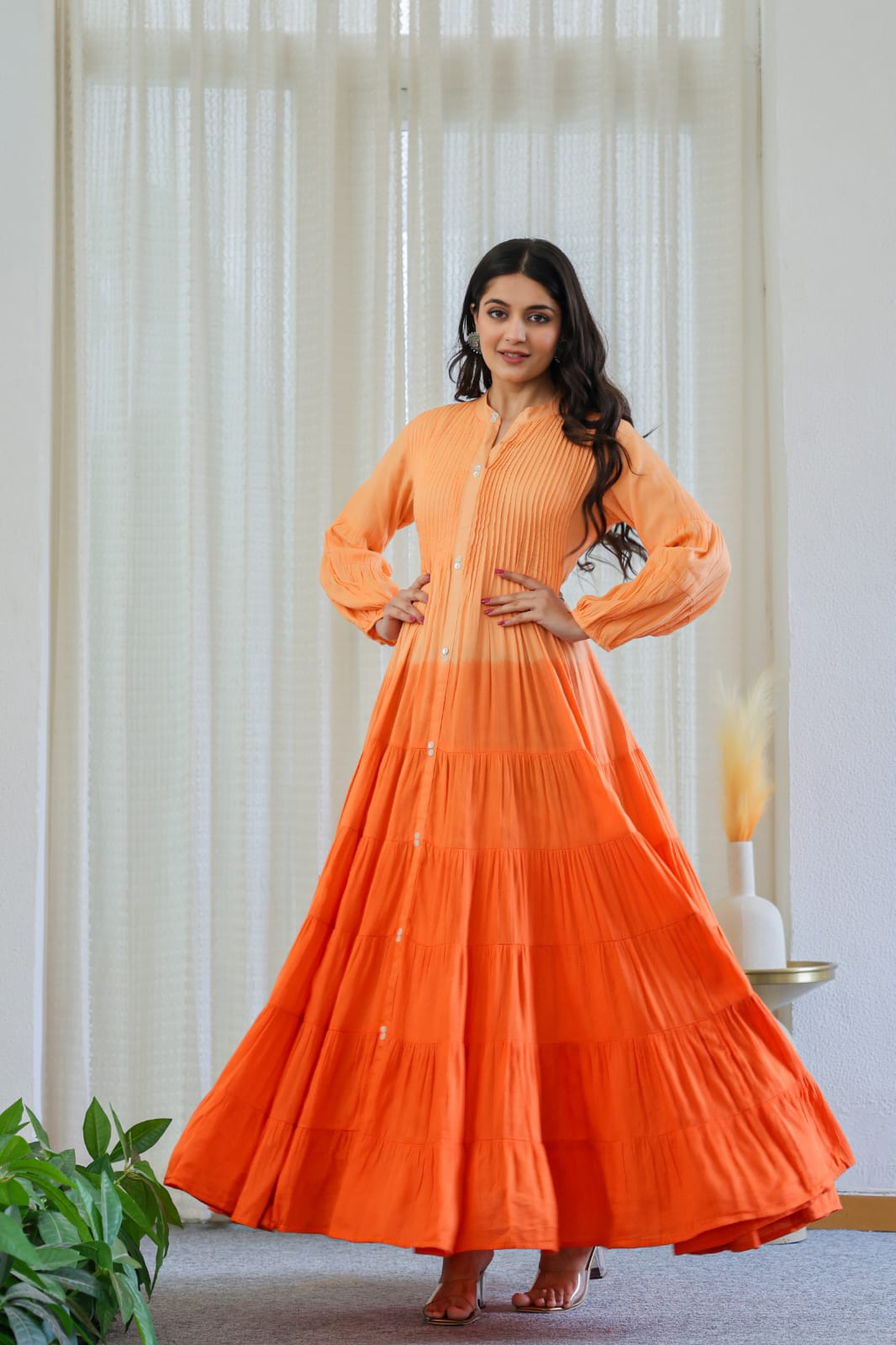 OMBRE MULMUL FLAIRED GOWN