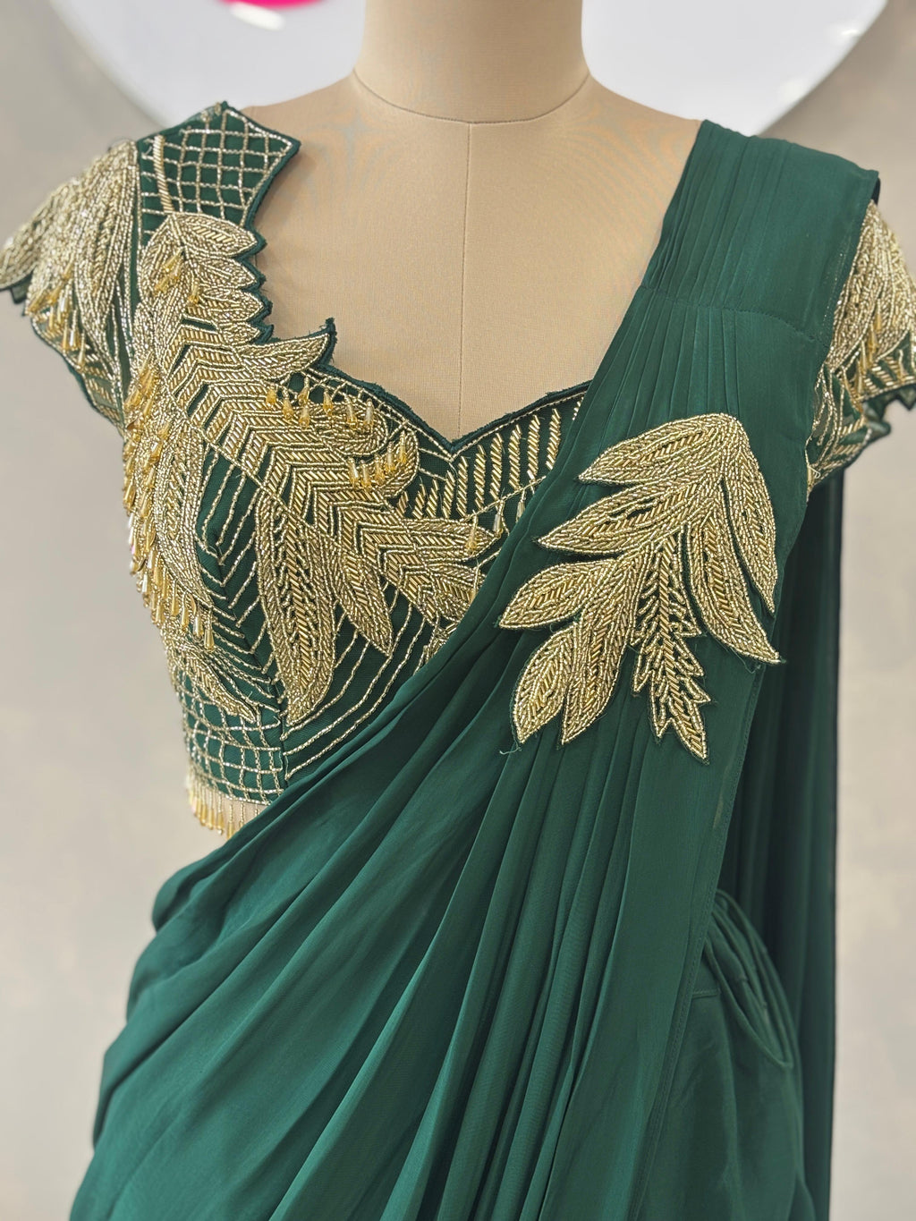 Elegant Pre-Stitched Saree in Deep Green Tone