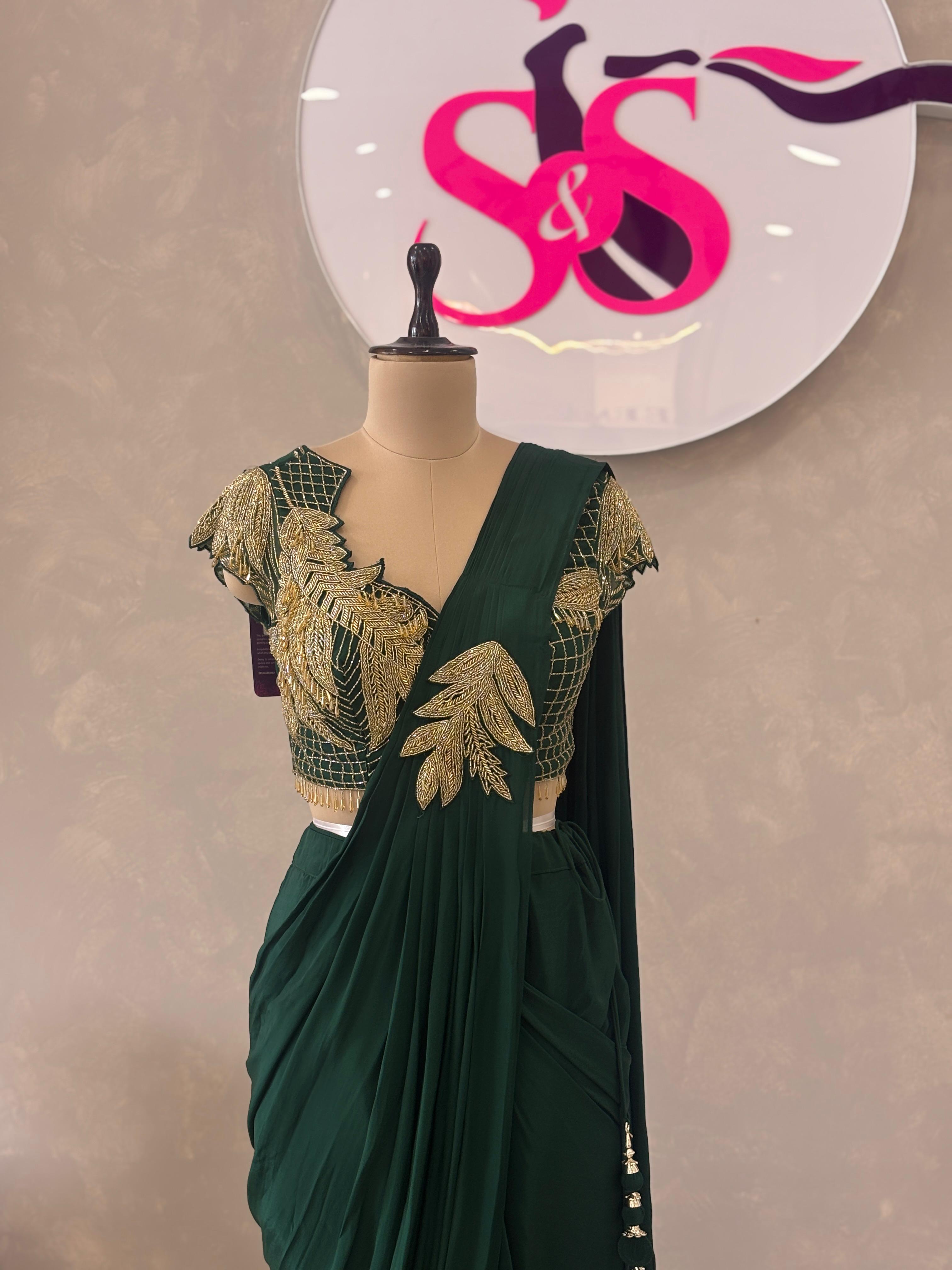 Elegant Pre-Stitched Saree in Deep Green Tone