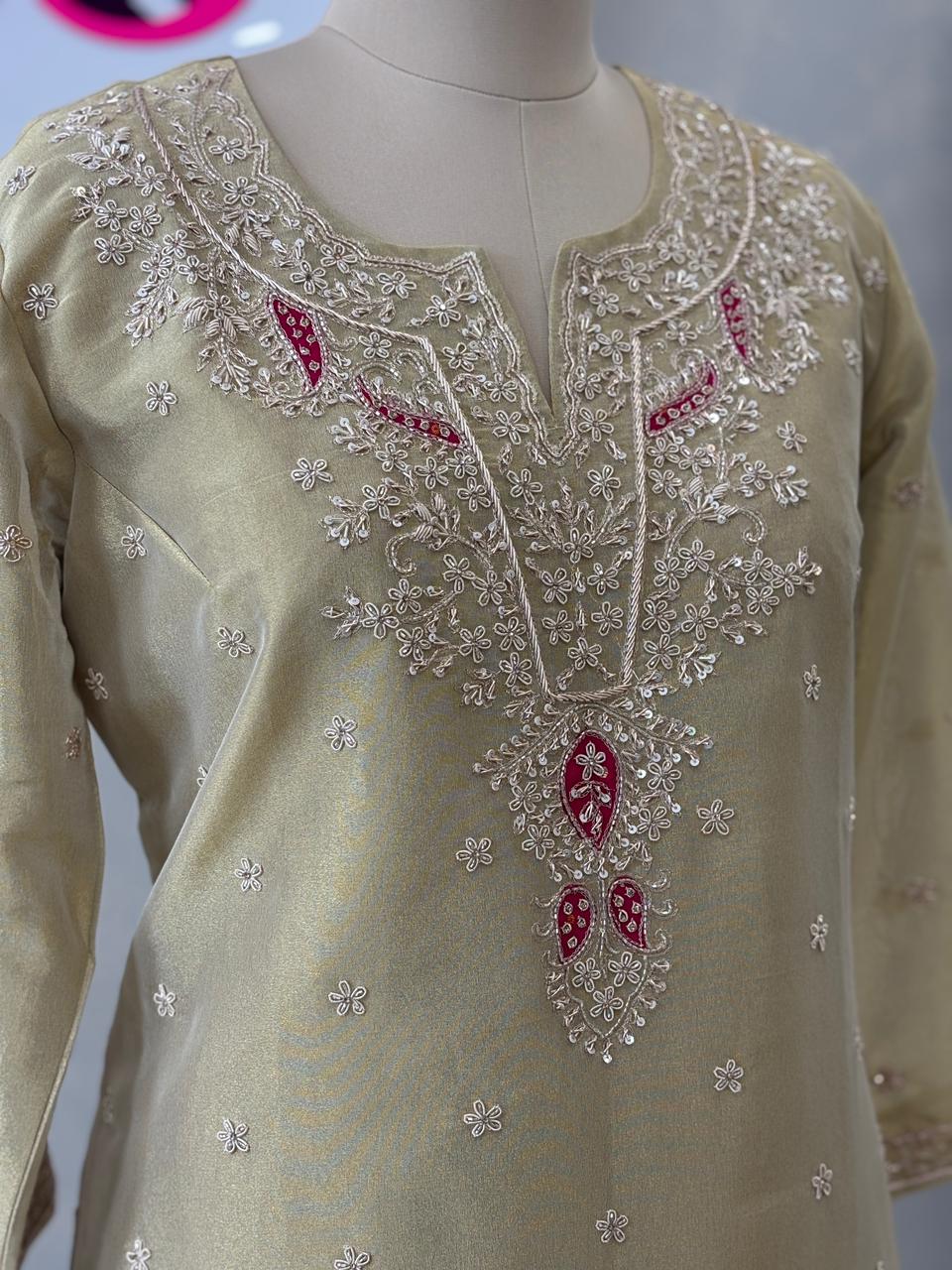 Elegant Suit with Handwork & Bandhej Dupatta