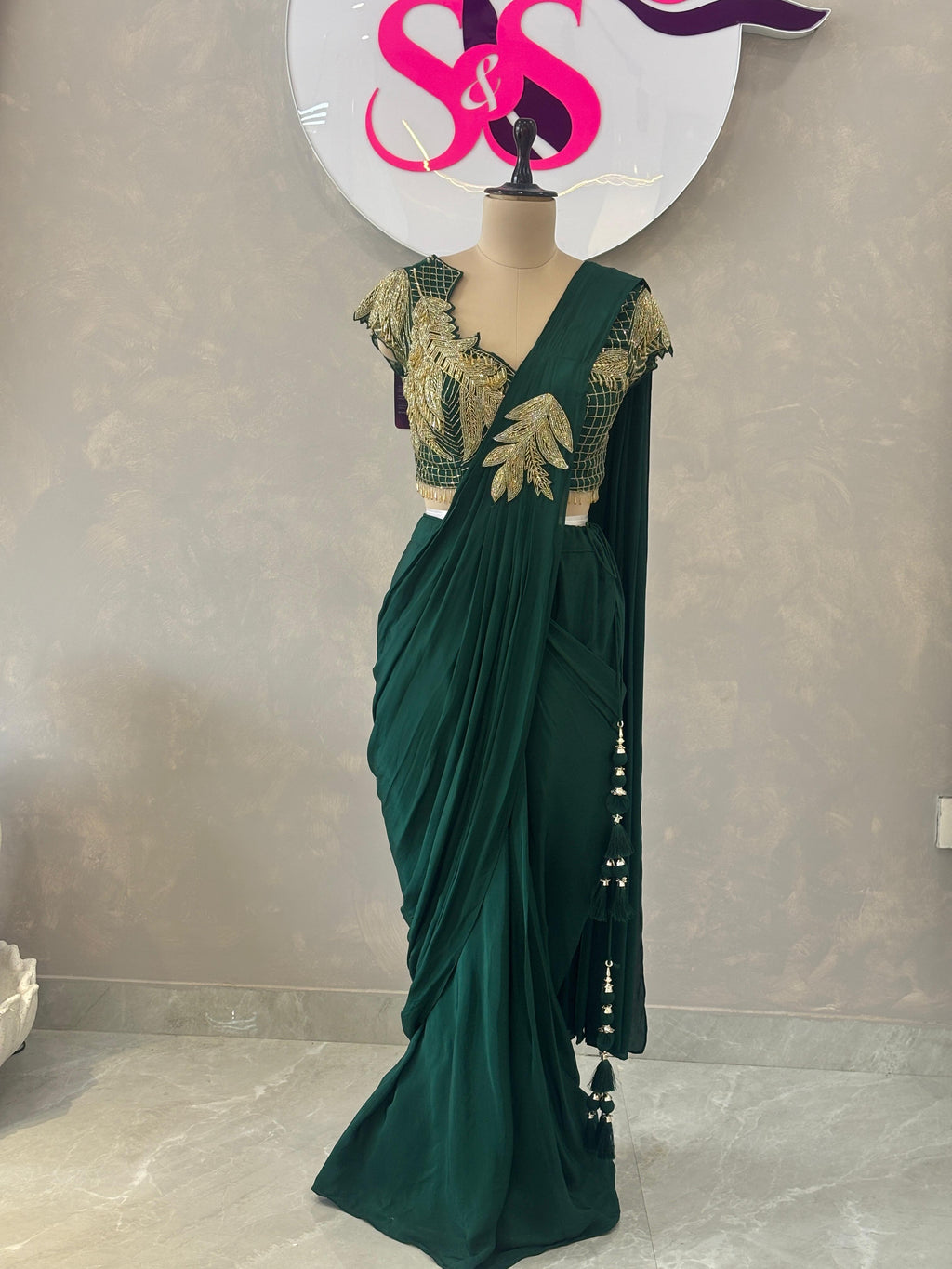 Elegant Pre-Stitched Saree in Deep Green Tone