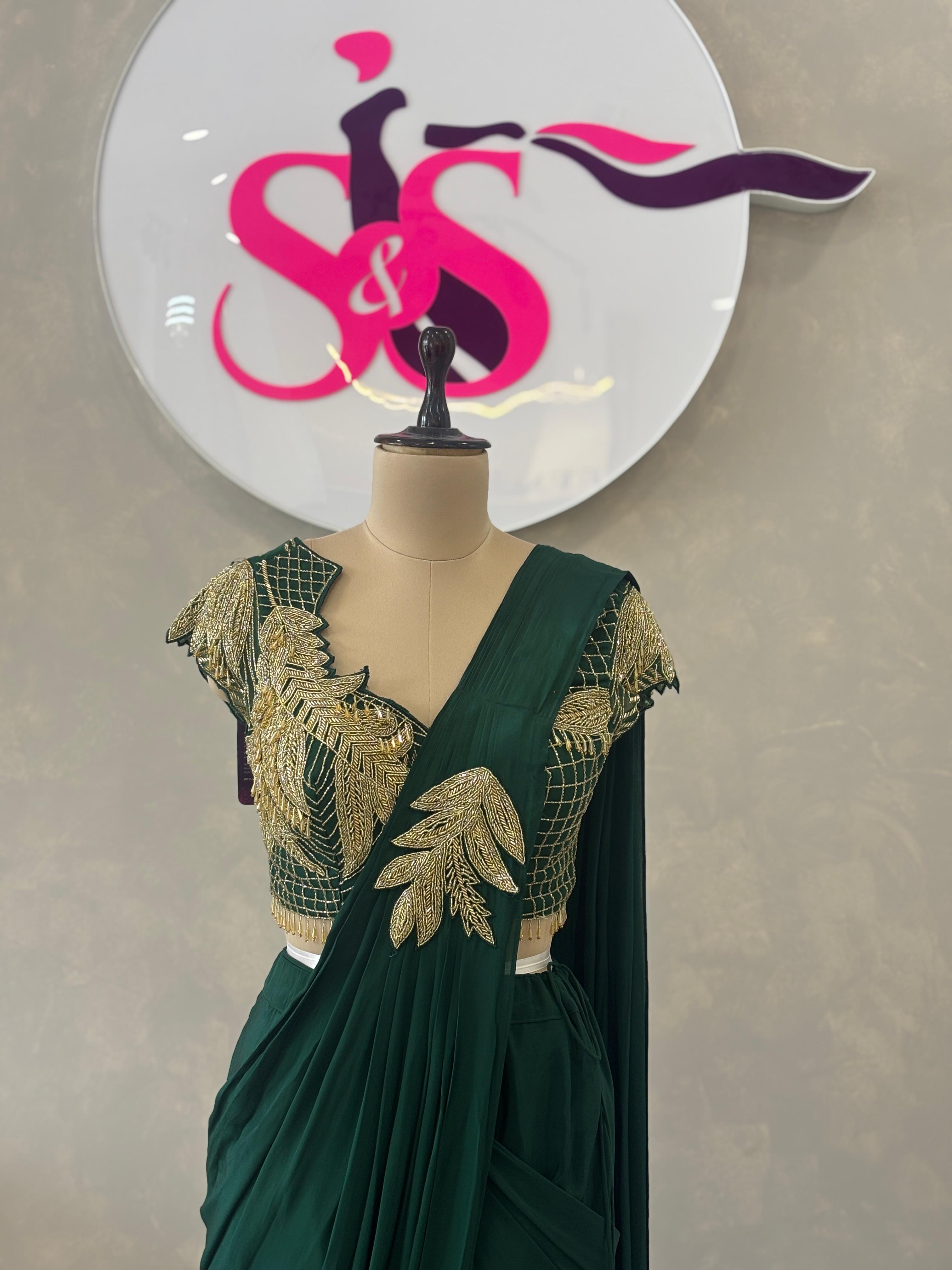Elegant Pre-Stitched Saree in Deep Green Tone