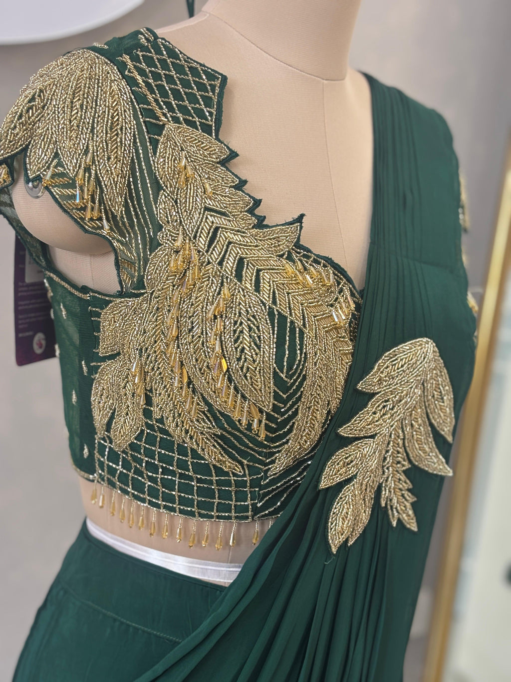 Elegant Pre-Stitched Saree in Deep Green Tone
