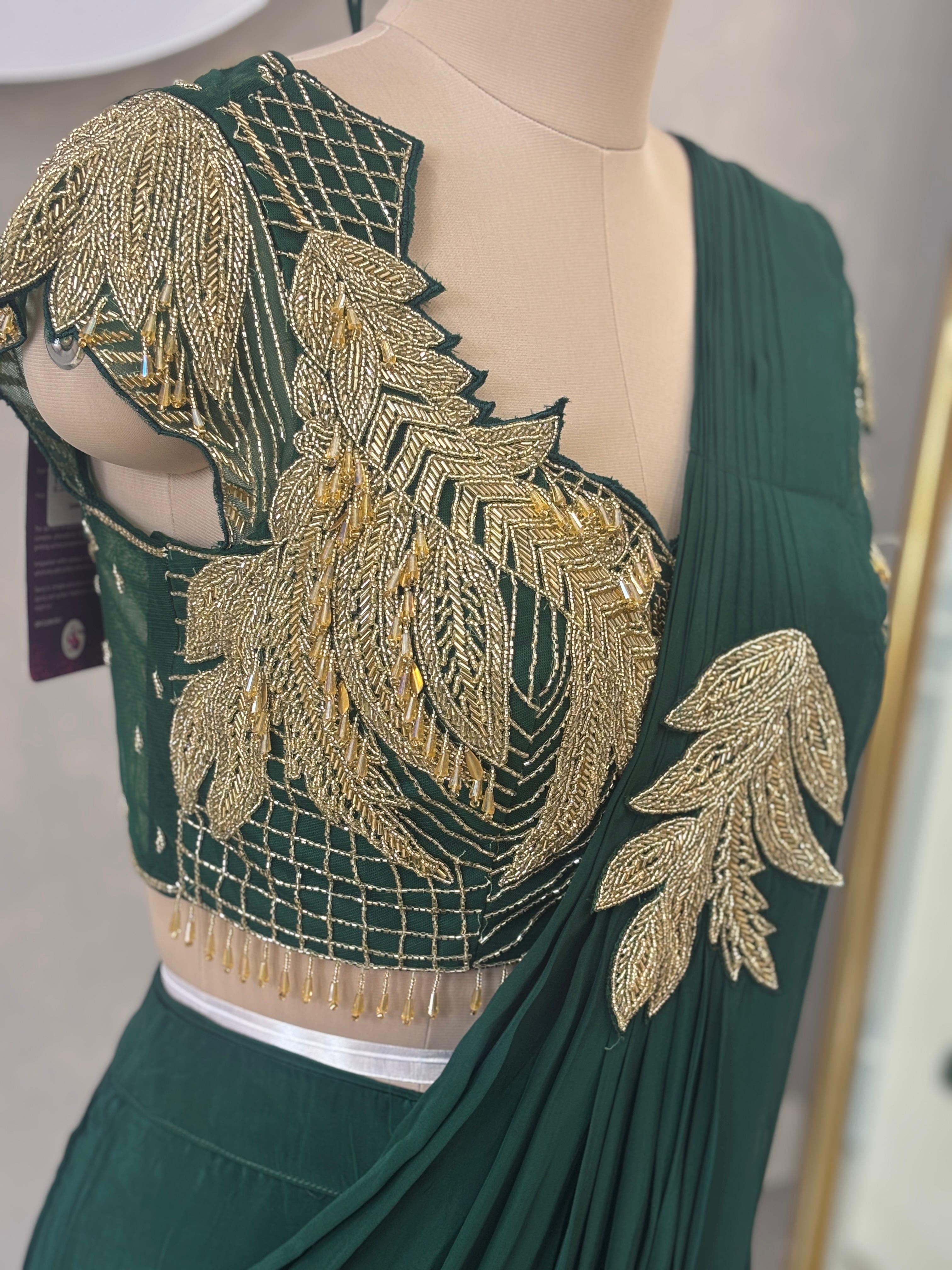 Elegant Pre-Stitched Saree in Deep Green Tone